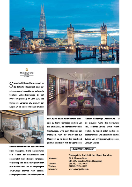 Auszug aus dem Magazin La Cuisine: Reisespecial Shangri-La, London/England
